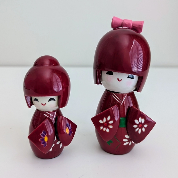 NEW Kokeshi Wooden Dolls Set of 2 Doll Mom Daughter Sister Matching Kimono Japan - Picture 5 of 10